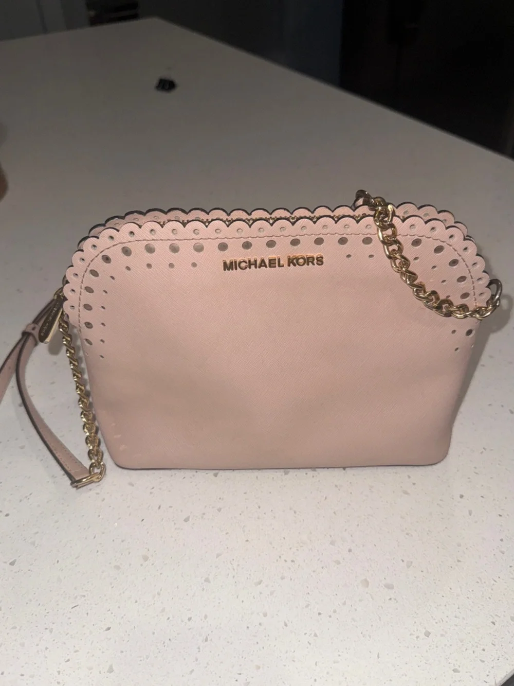 Michael Kors Soft Pink Scalloped Leather Crossbody with Gold Chain